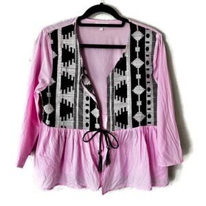 Pink Western Aztec Ruffle Loose Peplum Front Tie Blouse Size Small